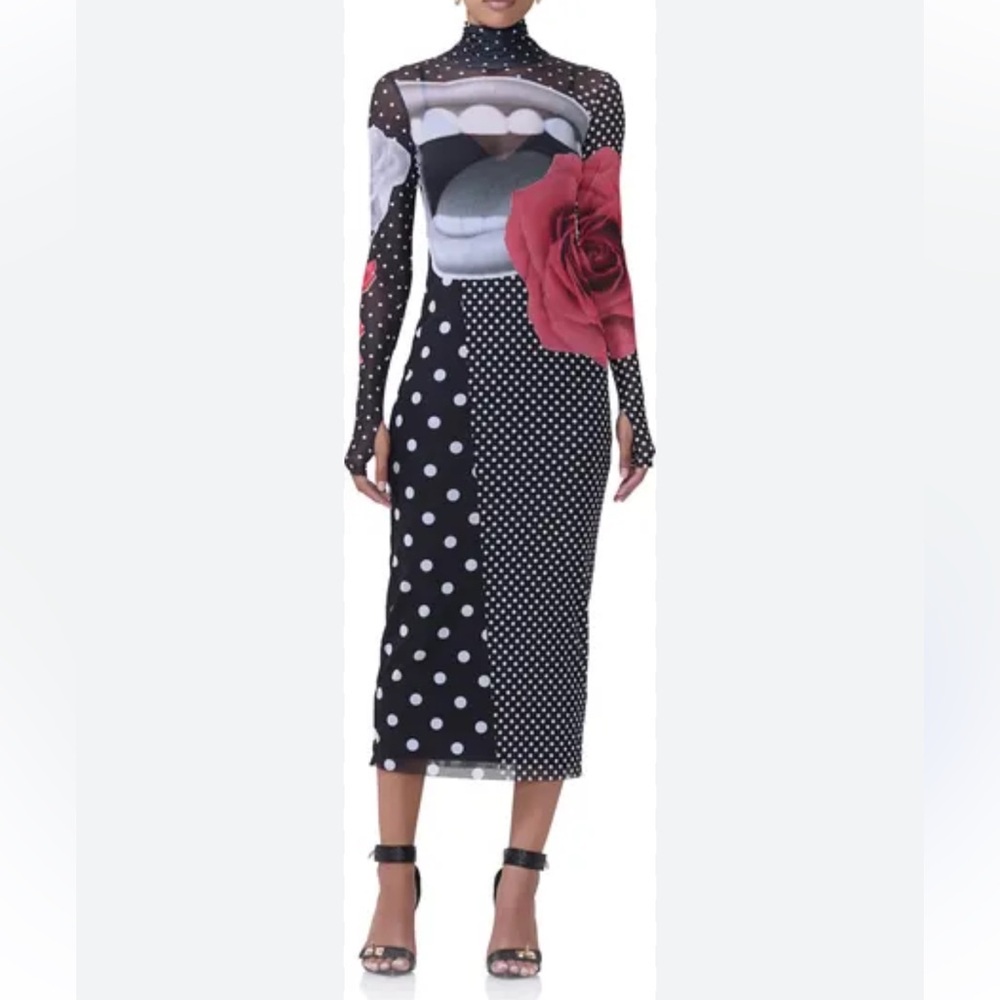 NWT🌹AFRM Shailene Long Sleeve Turtleneck Polka Dot Print Mesh Dress. Size S